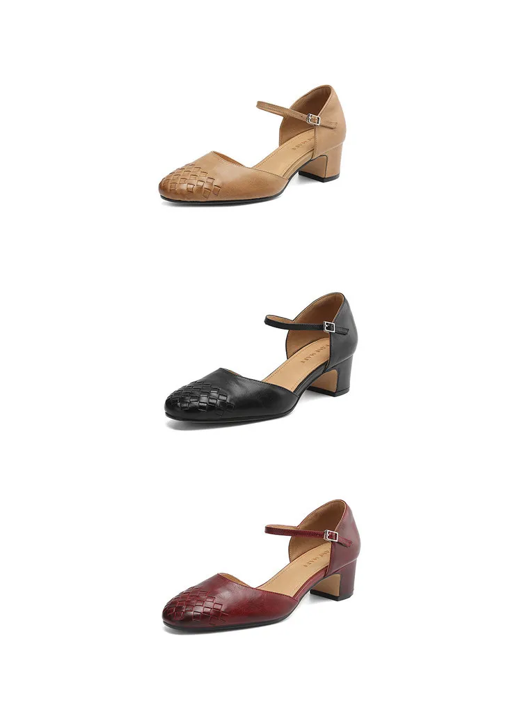 Spring/Summer Sandals, Round Toe, Chunky Heel, High Heel, Buckle, Closed Toe, Fashionable Genuine Leather Women's Shoes
