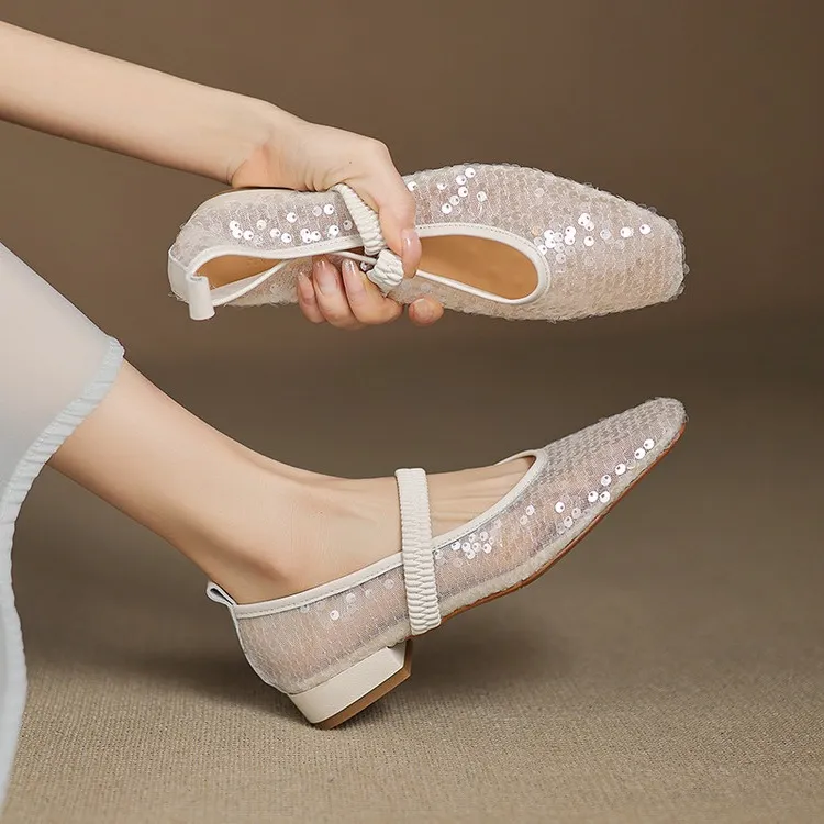 Spring/Summer Women's Shoes with Chunky Heel, Low Heel, Square Toe, Cowhide, Fashion Elastic Band