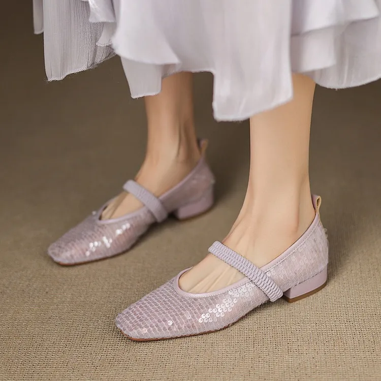 Spring/Summer Women's Shoes with Chunky Heel, Low Heel, Square Toe, Cowhide, Fashion Elastic Band