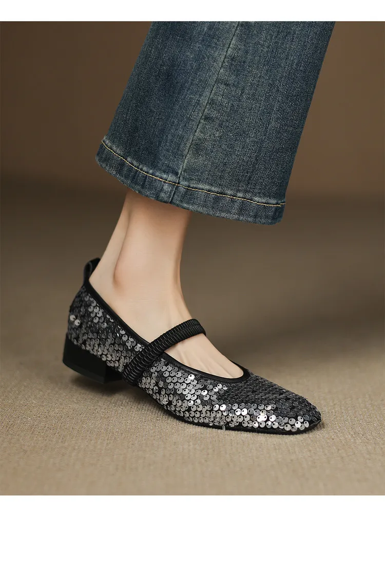 Spring/Summer Women's Shoes with Chunky Heel, Low Heel, Square Toe, Cowhide, Fashion Elastic Band