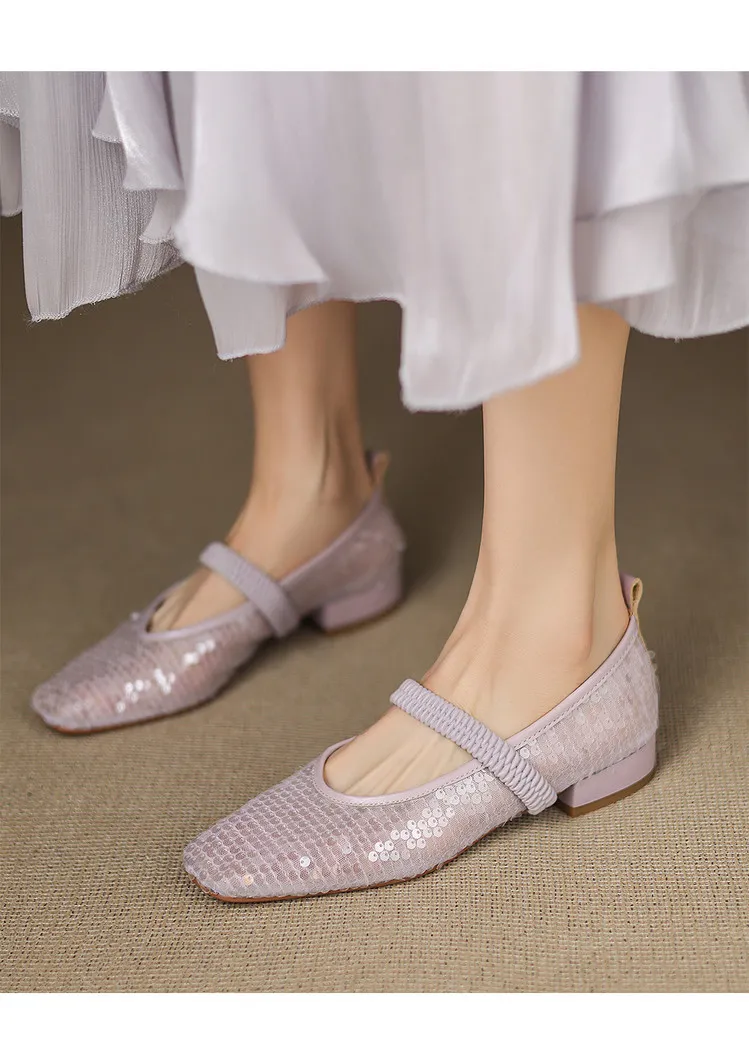 Spring/Summer Women's Shoes with Chunky Heel, Low Heel, Square Toe, Cowhide, Fashion Elastic Band