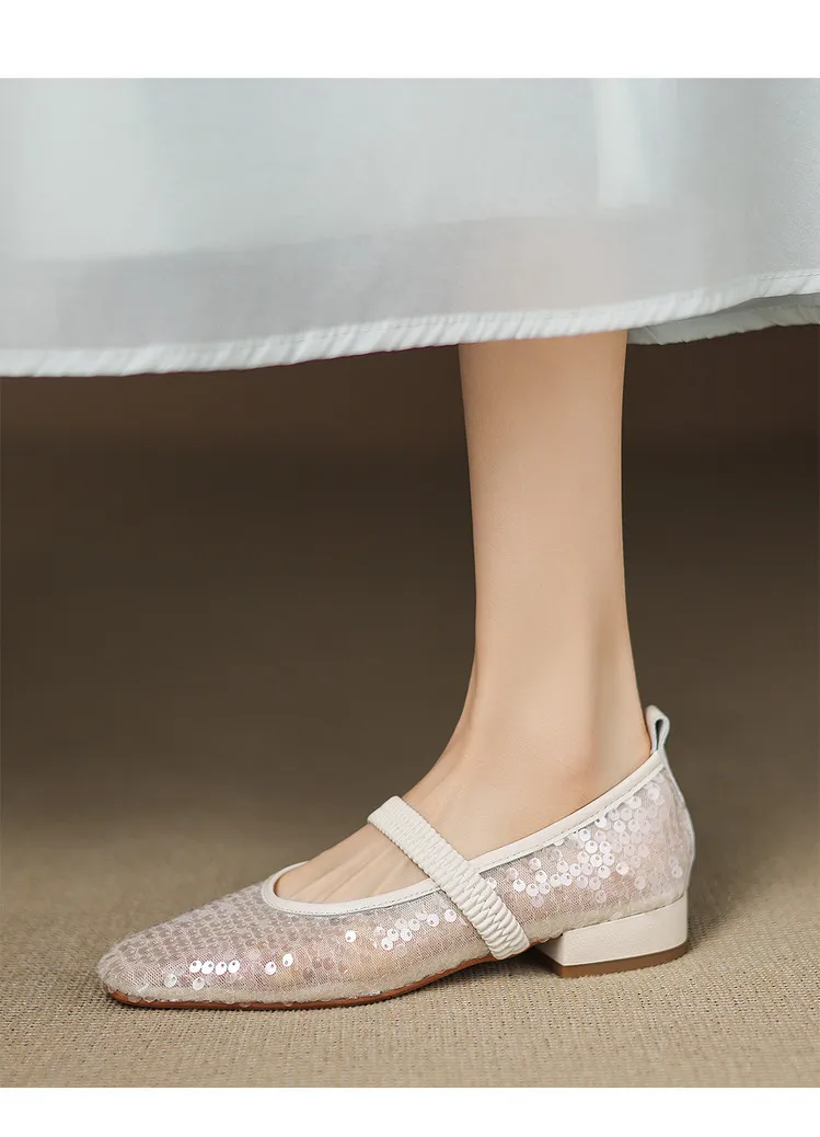 Spring/Summer Women's Shoes with Chunky Heel, Low Heel, Square Toe, Cowhide, Fashion Elastic Band