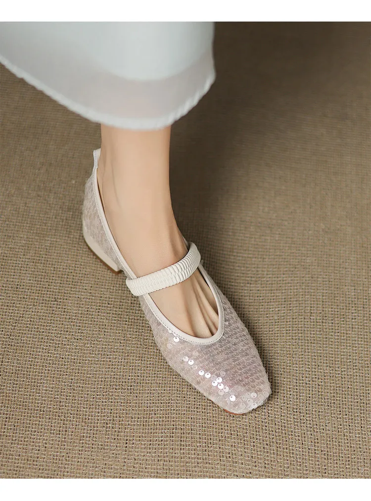 Spring/Summer Women's Shoes with Chunky Heel, Low Heel, Square Toe, Cowhide, Fashion Elastic Band