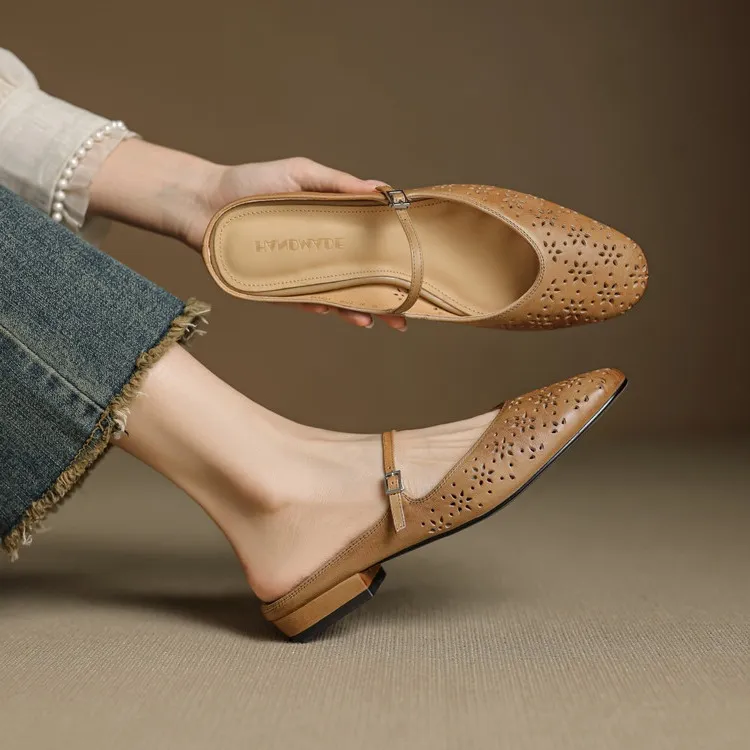 Spring/Summer Round Toe Low Heel Flat Buckle Leather Closed Toe Women's Fashion Slippers 4142