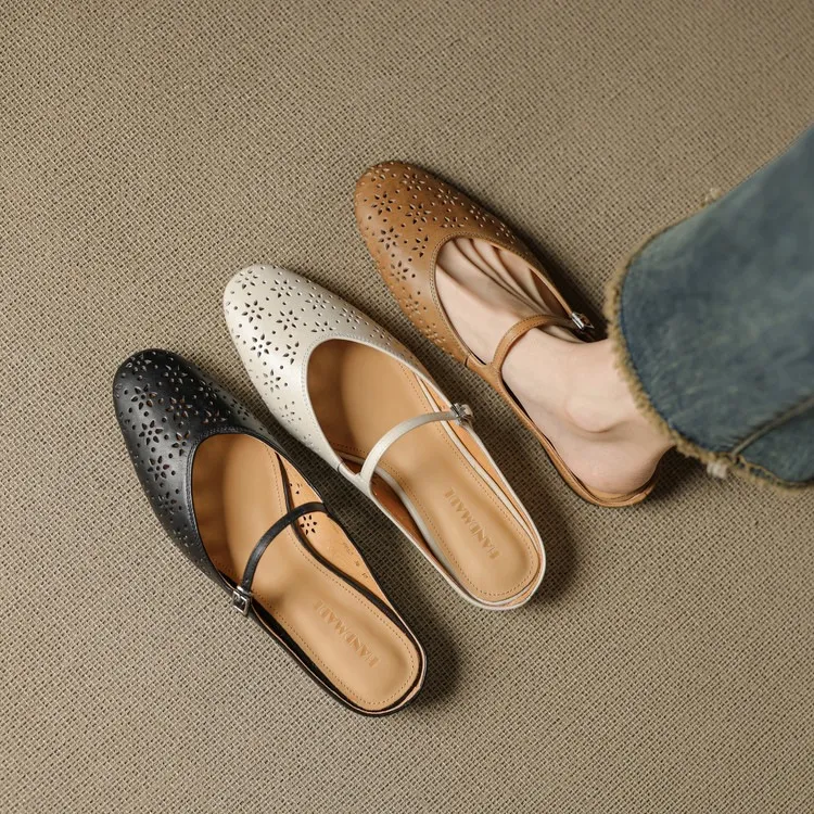 Spring/Summer Round Toe Low Heel Flat Buckle Leather Closed Toe Women's Fashion Slippers 4142