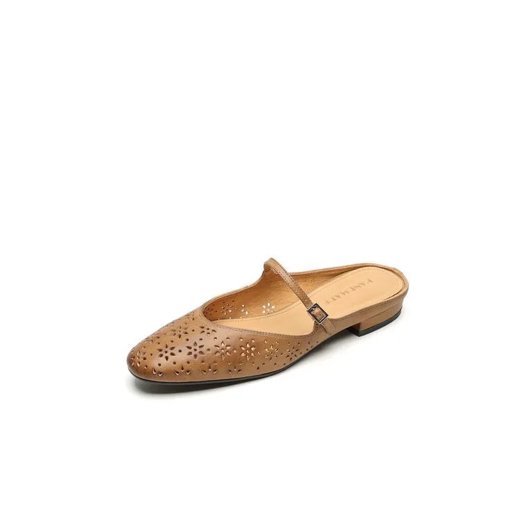 Spring/Summer Round Toe Low Heel Flat Buckle Leather Closed Toe Women's Fashion Slippers 4142