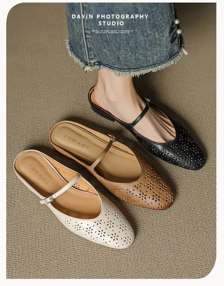 Spring/Summer Round Toe Low Heel Flat Buckle Leather Closed Toe Women's Fashion Slippers 4142