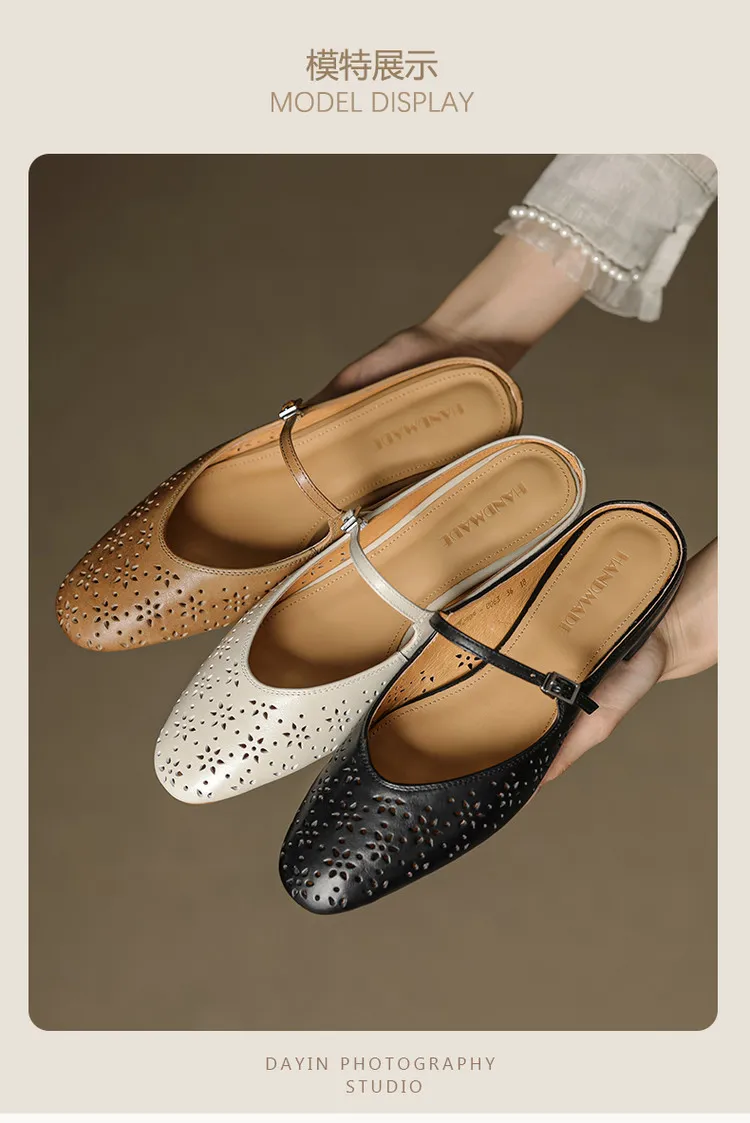 Spring/Summer Round Toe Low Heel Flat Buckle Leather Closed Toe Women's Fashion Slippers 4142
