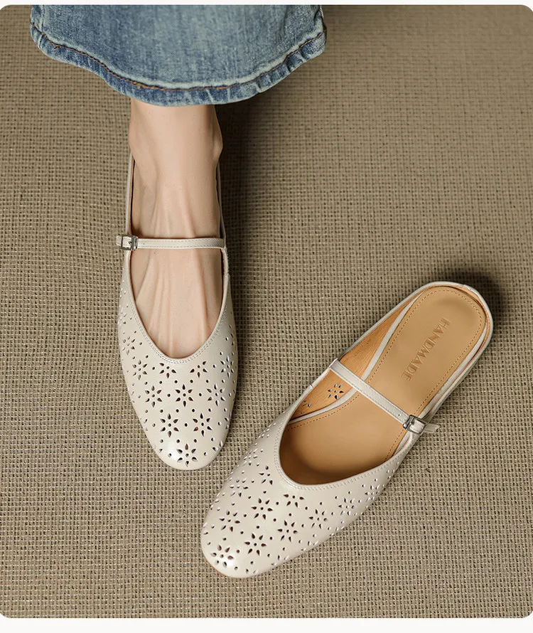 Spring/Summer Round Toe Low Heel Flat Buckle Leather Closed Toe Women's Fashion Slippers 4142