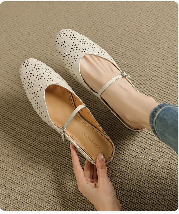 Spring/Summer Round Toe Low Heel Flat Buckle Leather Closed Toe Women's Fashion Slippers 4142