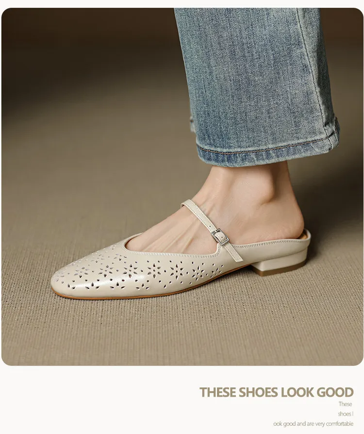 Spring/Summer Round Toe Low Heel Flat Buckle Leather Closed Toe Women's Fashion Slippers 4142