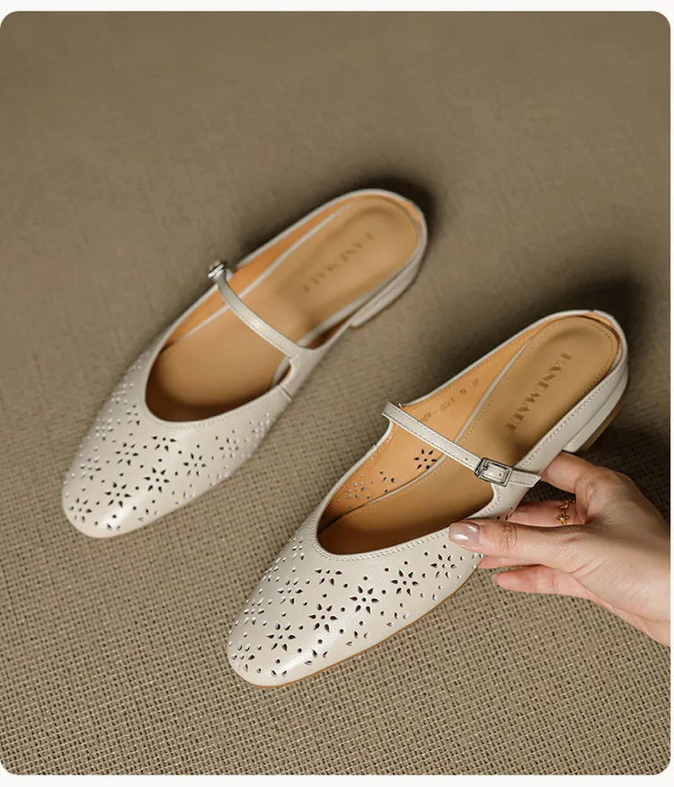 Spring/Summer Round Toe Low Heel Flat Buckle Leather Closed Toe Women's Fashion Slippers 4142