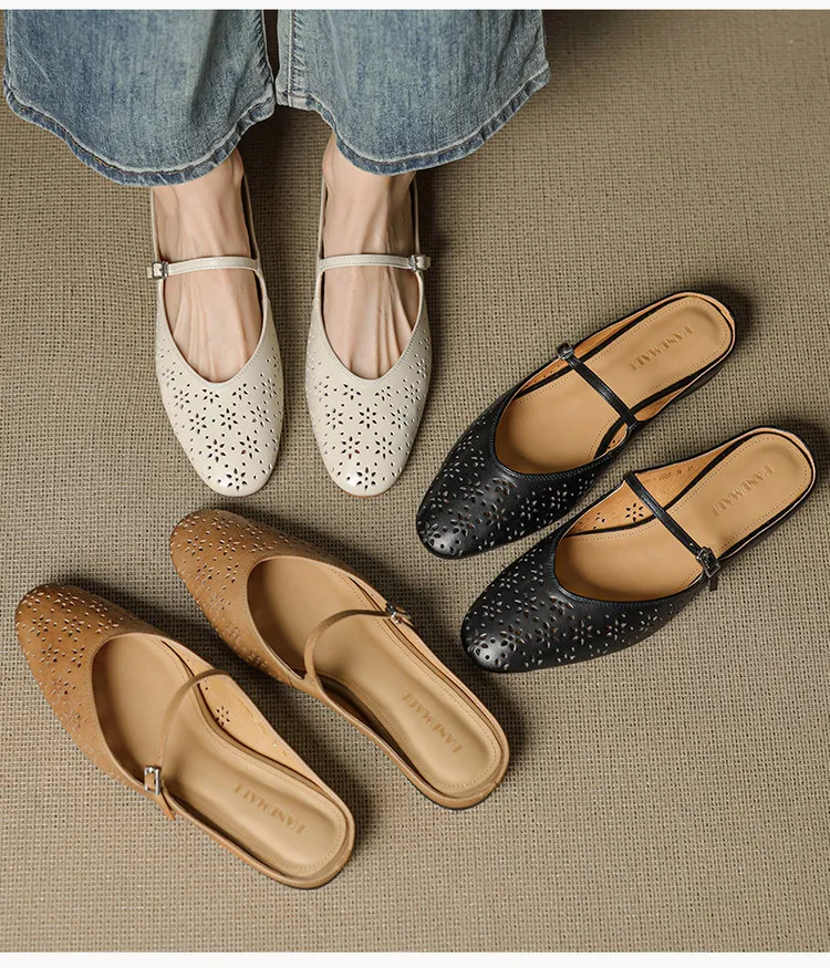 Spring/Summer Round Toe Low Heel Flat Buckle Leather Closed Toe Women's Fashion Slippers 4142