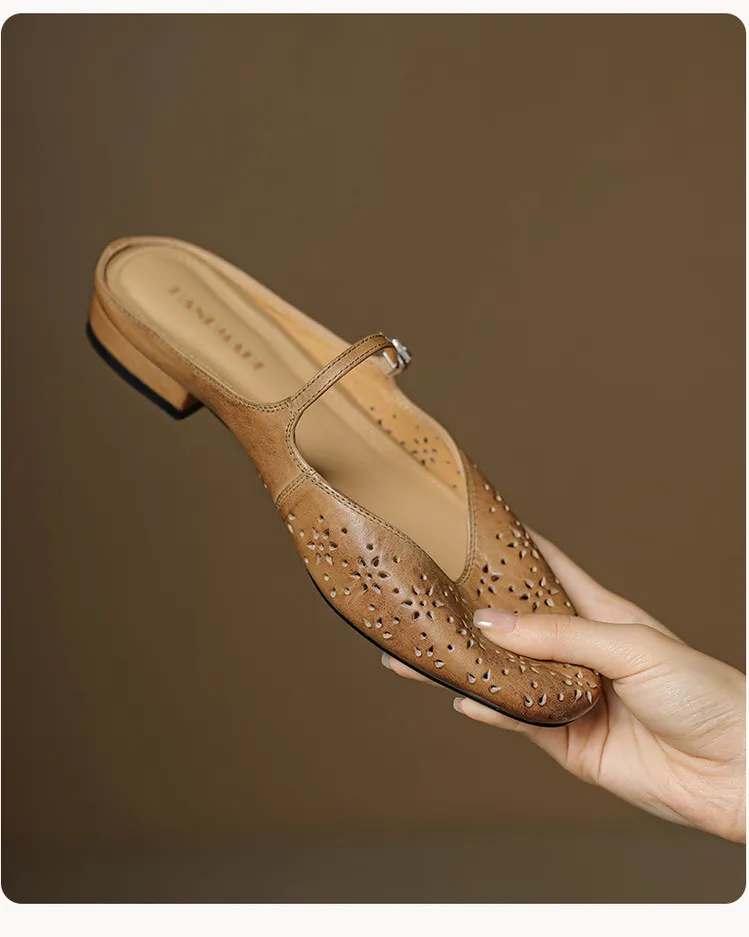 Spring/Summer Round Toe Low Heel Flat Buckle Leather Closed Toe Women's Fashion Slippers 4142