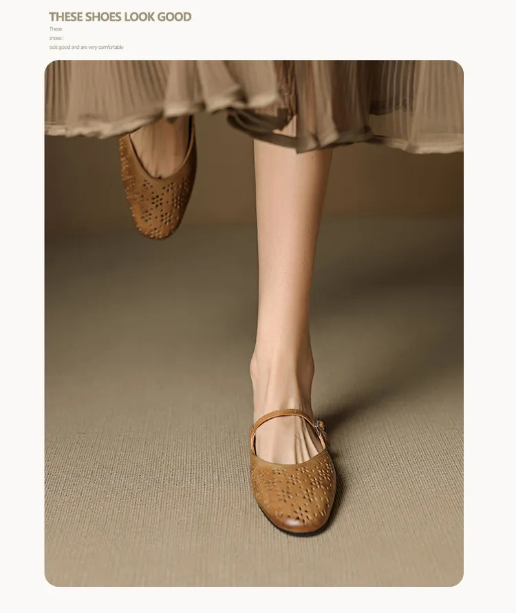 Spring/Summer Round Toe Low Heel Flat Buckle Leather Closed Toe Women's Fashion Slippers 4142