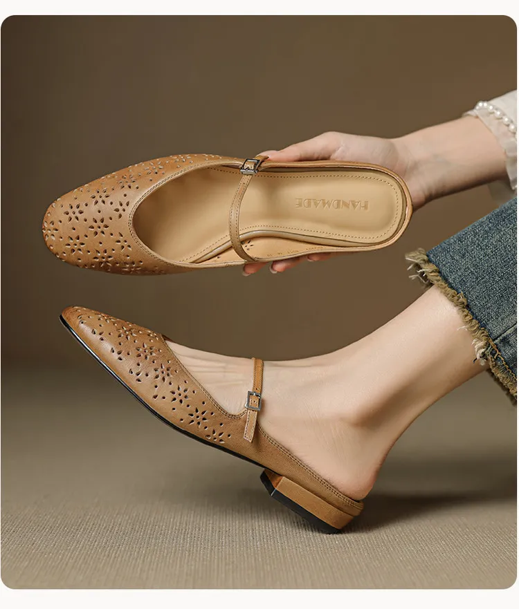 Spring/Summer Round Toe Low Heel Flat Buckle Leather Closed Toe Women's Fashion Slippers 4142