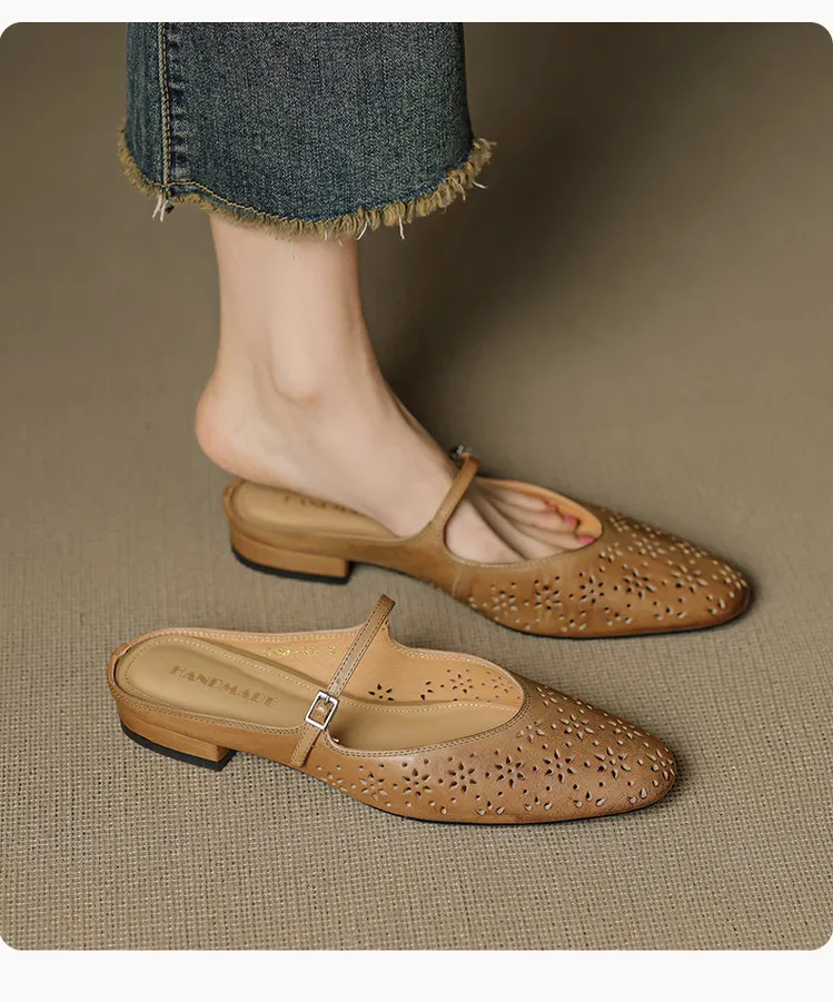 Spring/Summer Round Toe Low Heel Flat Buckle Leather Closed Toe Women's Fashion Slippers 4142