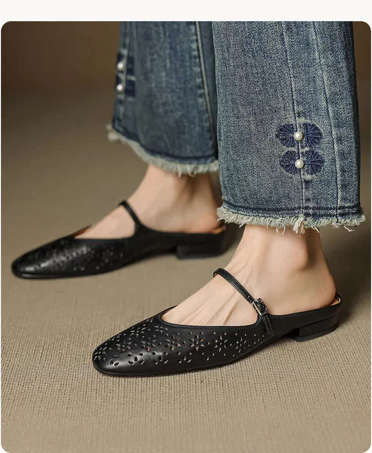 Spring/Summer Round Toe Low Heel Flat Buckle Leather Closed Toe Women's Fashion Slippers 4142