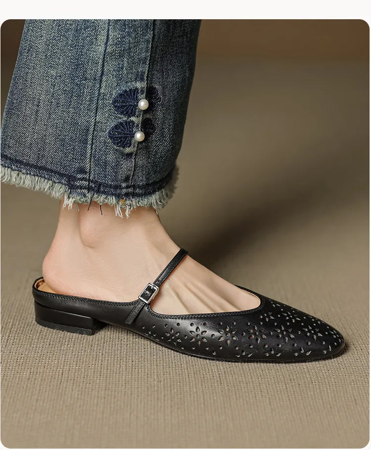 Spring/Summer Round Toe Low Heel Flat Buckle Leather Closed Toe Women's Fashion Slippers 4142