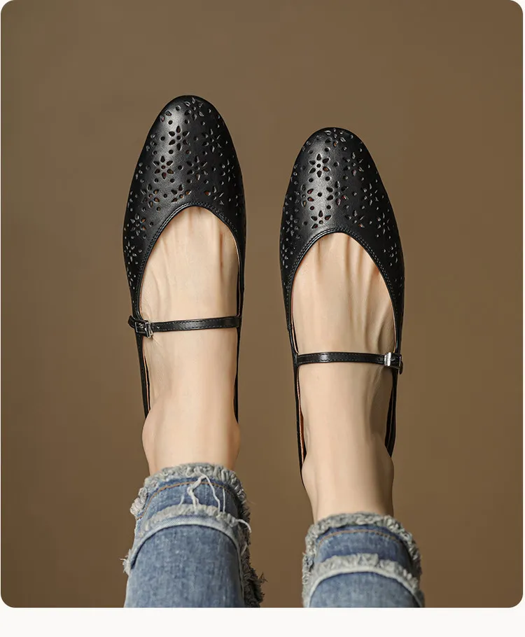 Spring/Summer Round Toe Low Heel Flat Buckle Leather Closed Toe Women's Fashion Slippers 4142