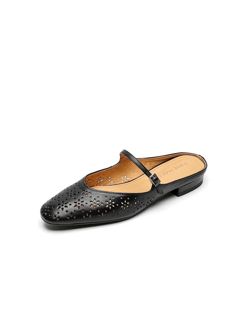 Spring/Summer Round Toe Low Heel Flat Buckle Leather Closed Toe Women's Fashion Slippers 4142