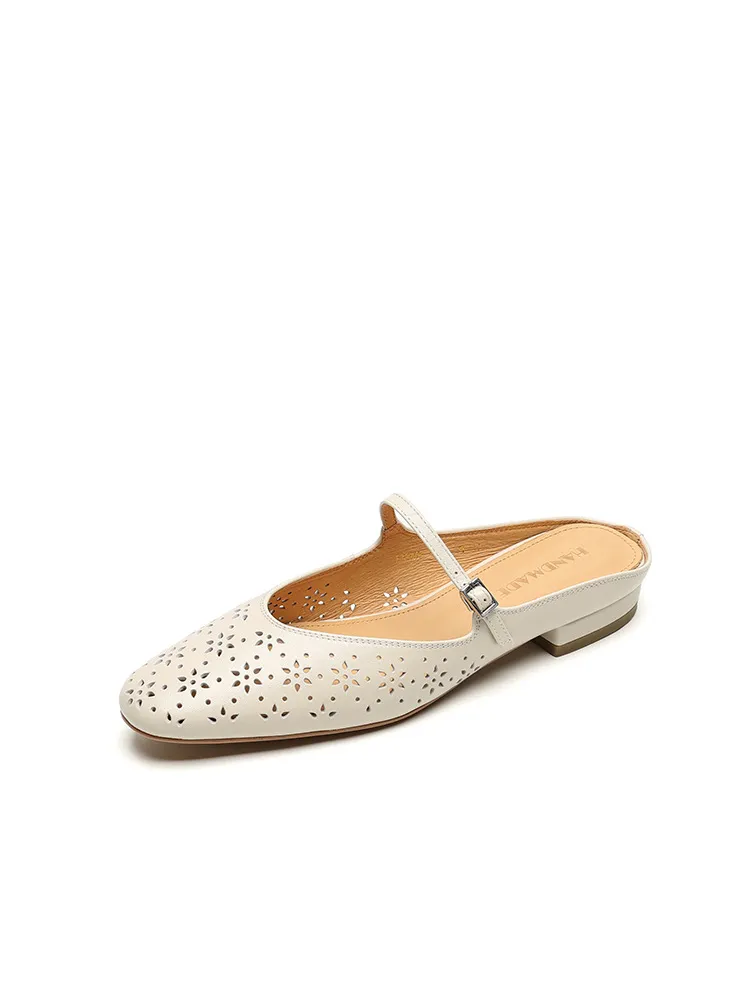 Spring/Summer Round Toe Low Heel Flat Buckle Leather Closed Toe Women's Fashion Slippers 4142
