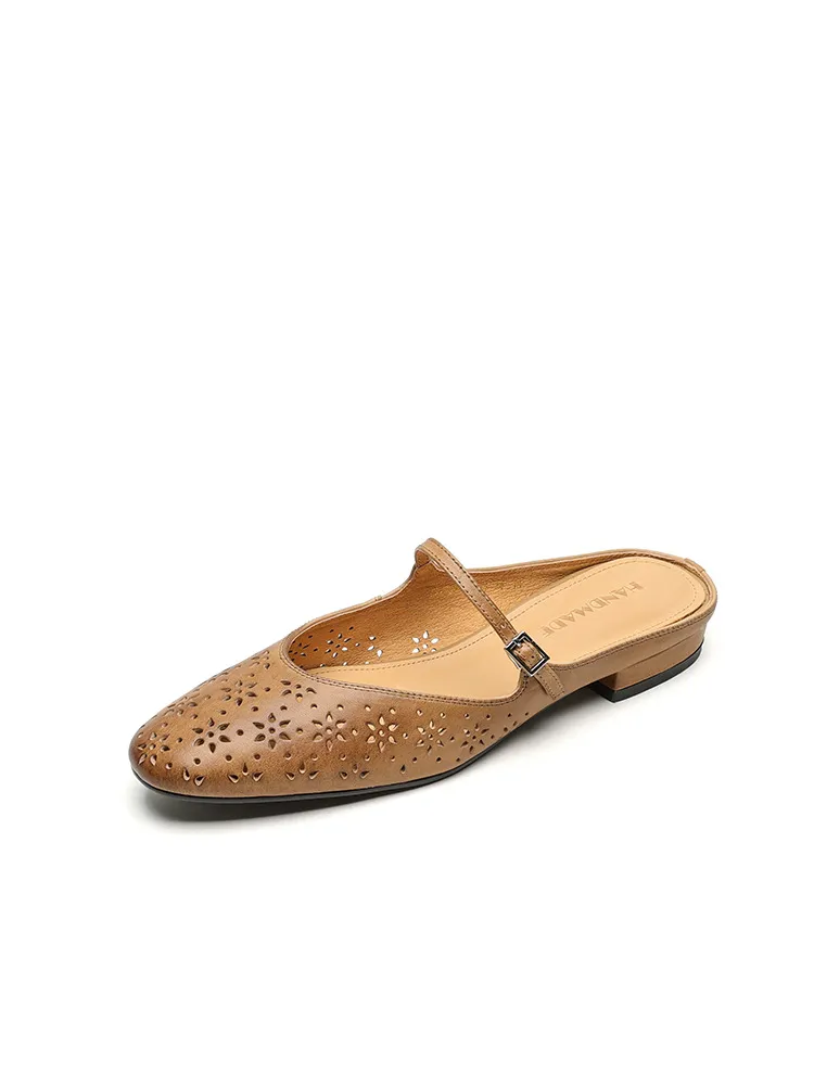 Spring/Summer Round Toe Low Heel Flat Buckle Leather Closed Toe Women's Fashion Slippers 4142