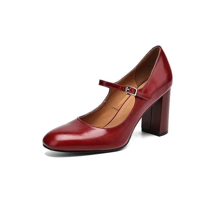 Women's fashion shoes in solid color, made of top-grain cowhide, spring and summer, with chunky heels and round toes.