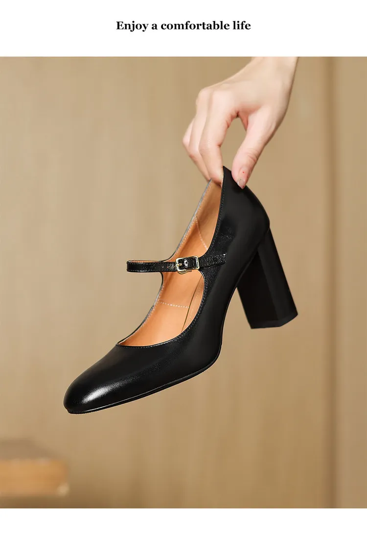 Women's fashion shoes in solid color, made of top-grain cowhide, spring and summer, with chunky heels and round toes.
