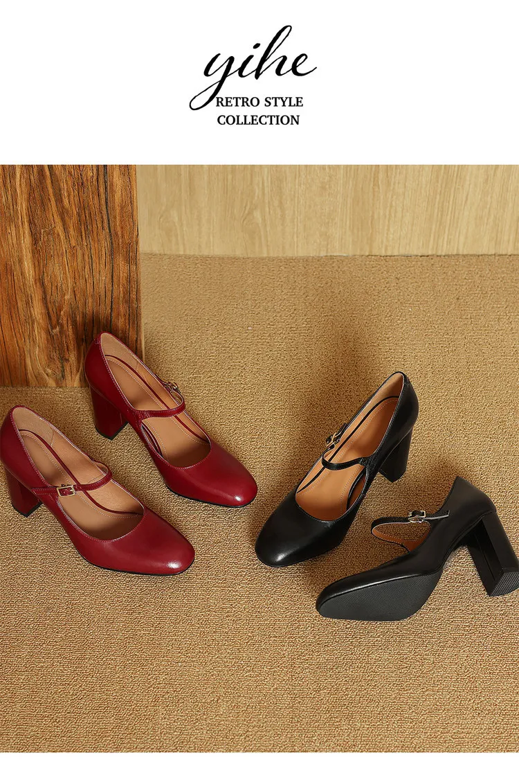 Women's fashion shoes in solid color, made of top-grain cowhide, spring and summer, with chunky heels and round toes.