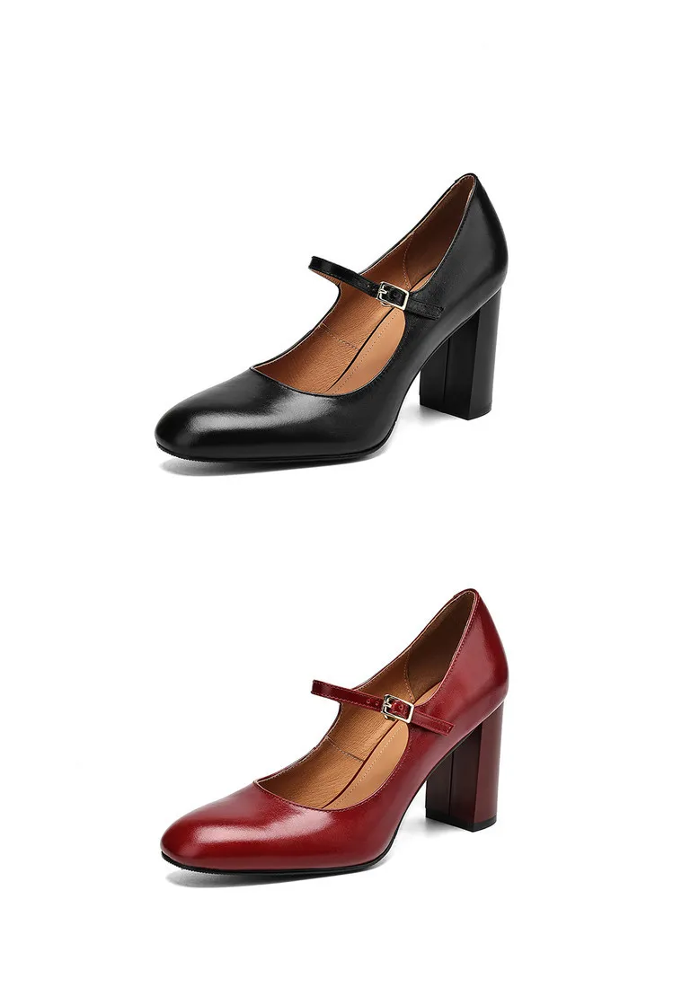 Women's fashion shoes in solid color, made of top-grain cowhide, spring and summer, with chunky heels and round toes.