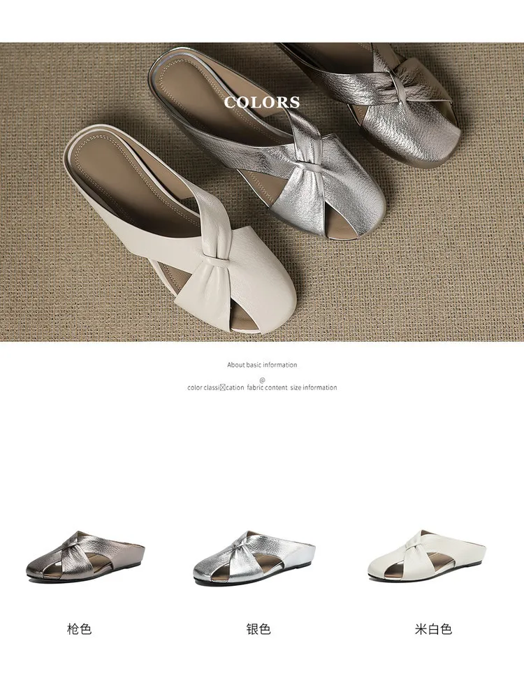Round toe, 3 colors gunmetal silver/white, flat sole, hidden wedge heel, hollowed-out toe, women's summer outdoor fashion slippers.