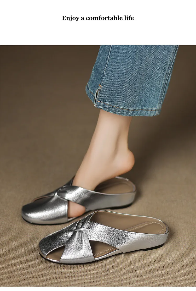 Round toe, 3 colors gunmetal silver/white, flat sole, hidden wedge heel, hollowed-out toe, women's summer outdoor fashion slippers.