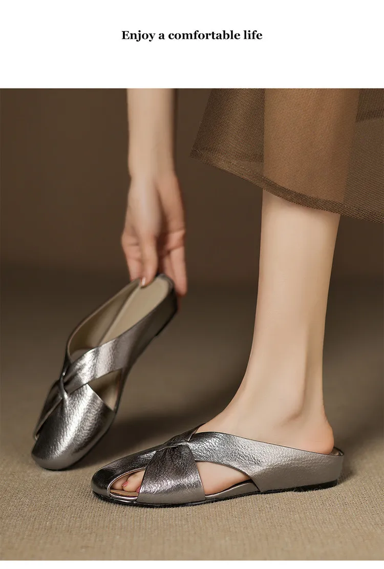 Round toe, 3 colors gunmetal silver/white, flat sole, hidden wedge heel, hollowed-out toe, women's summer outdoor fashion slippers.