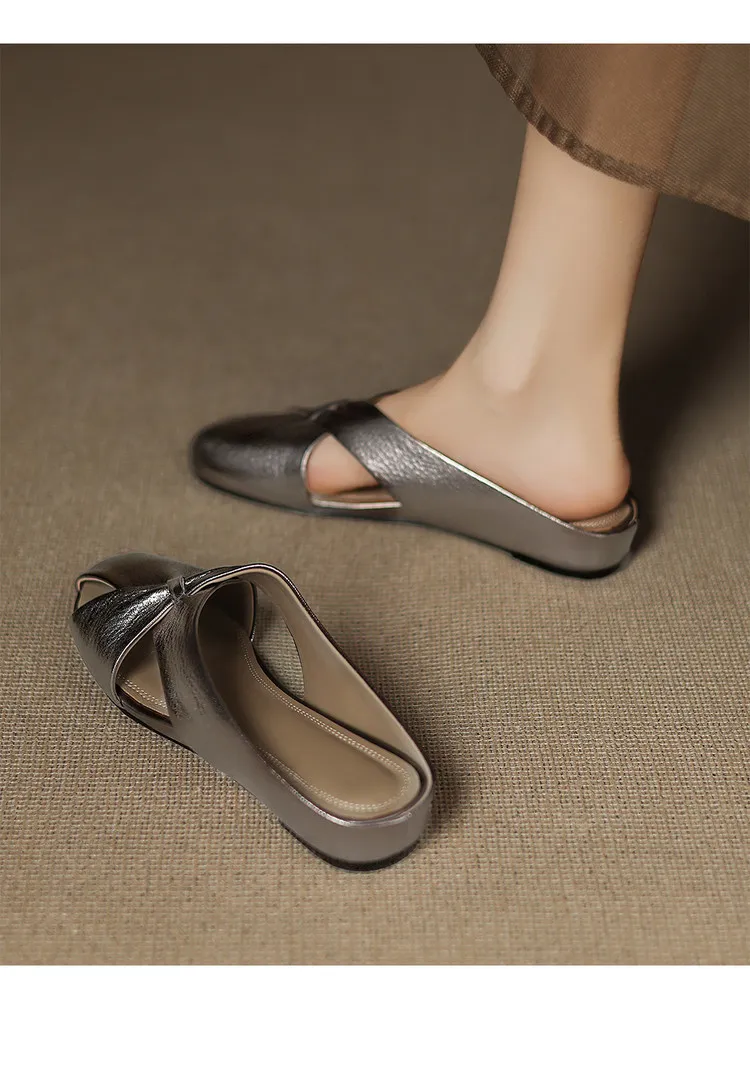 Round toe, 3 colors gunmetal silver/white, flat sole, hidden wedge heel, hollowed-out toe, women's summer outdoor fashion slippers.