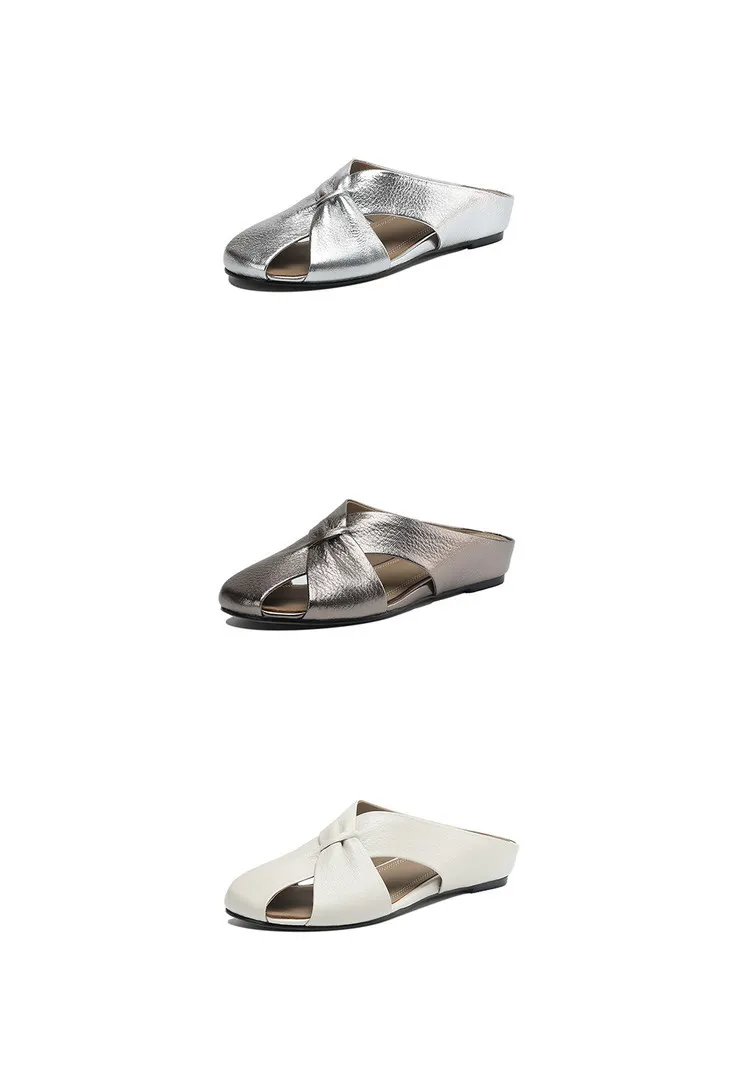 Round toe, 3 colors gunmetal silver/white, flat sole, hidden wedge heel, hollowed-out toe, women's summer outdoor fashion slippers.