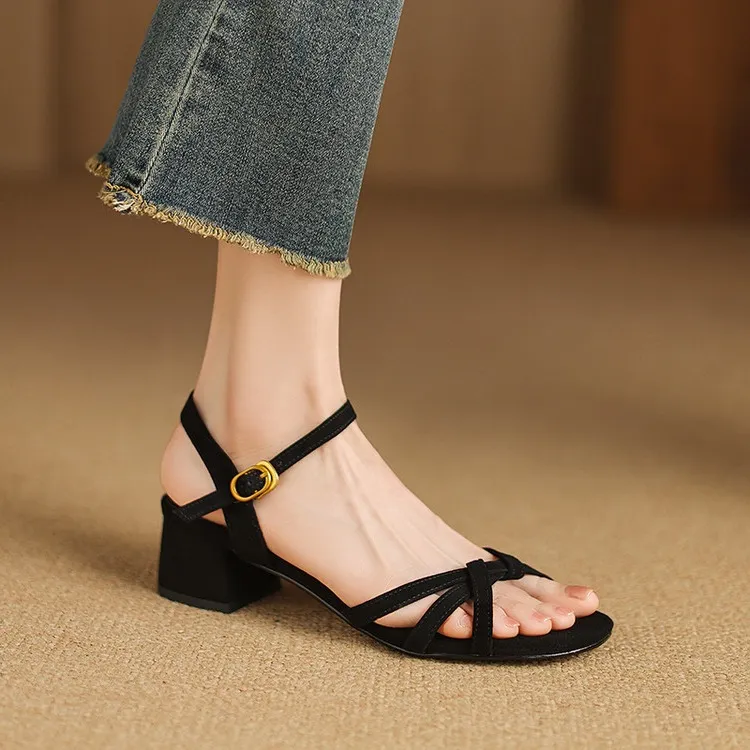 Spring/Summer Round Toe Chunky Heel High-Heeled Sandals with Buckle Black Fashion Women's Shoes