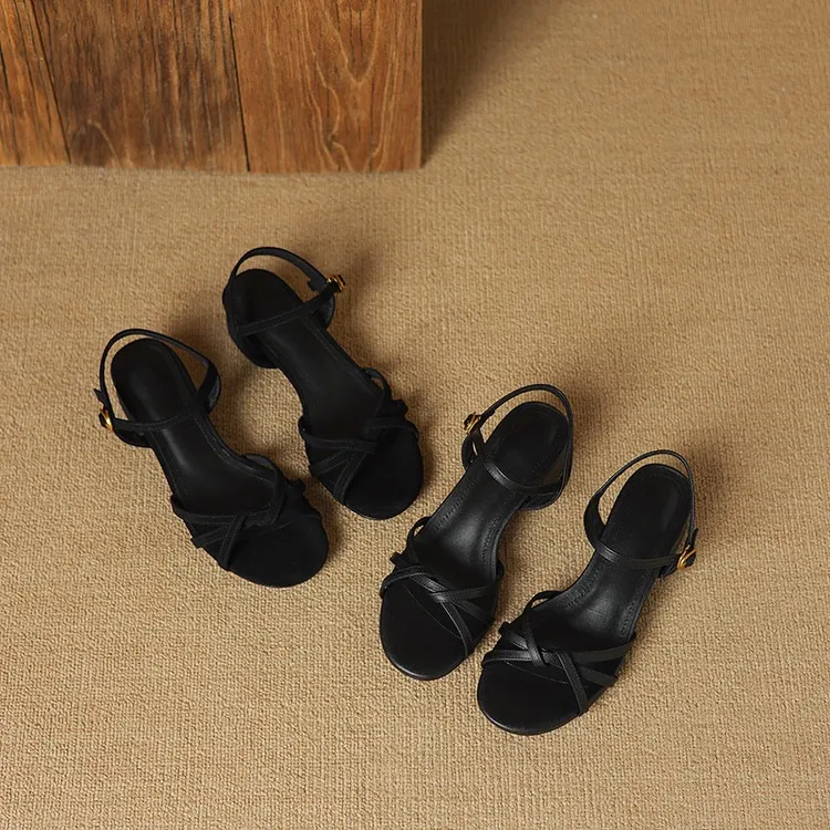 Spring/Summer Round Toe Chunky Heel High-Heeled Sandals with Buckle Black Fashion Women's Shoes
