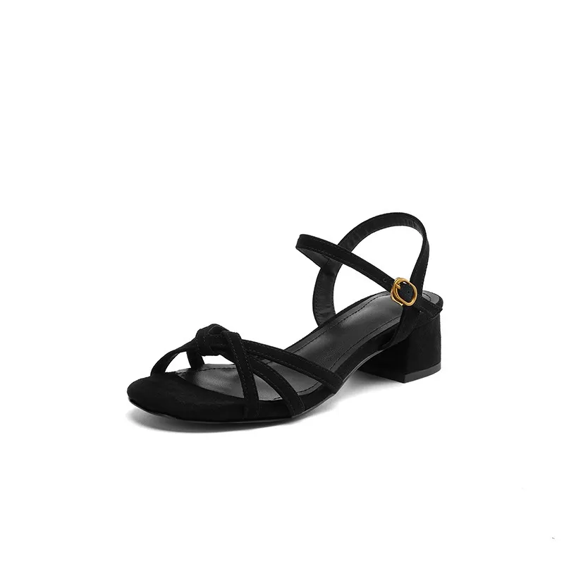 Spring/Summer Round Toe Chunky Heel High-Heeled Sandals with Buckle Black Fashion Women's Shoes