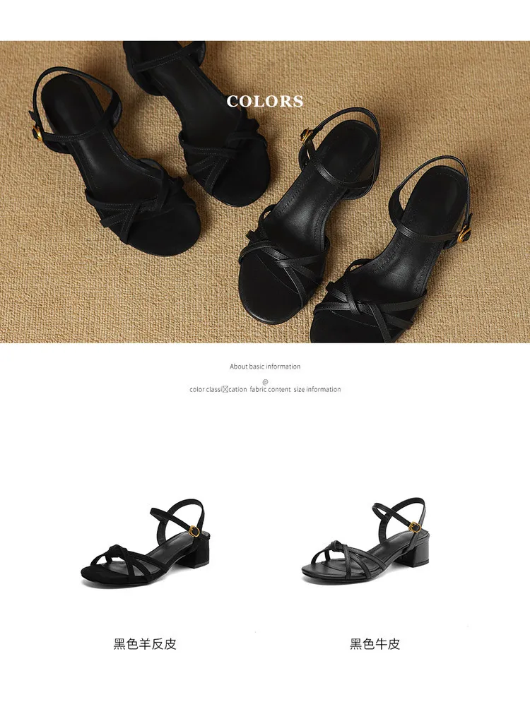 Spring/Summer Round Toe Chunky Heel High-Heeled Sandals with Buckle Black Fashion Women's Shoes