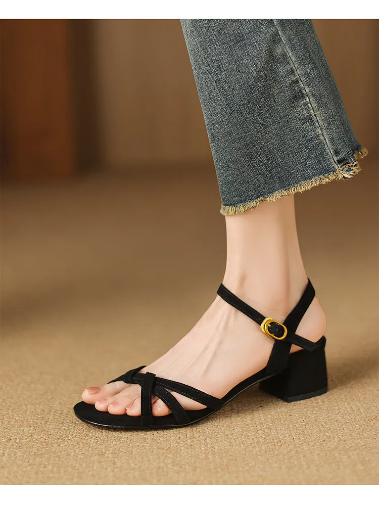 Spring/Summer Round Toe Chunky Heel High-Heeled Sandals with Buckle Black Fashion Women's Shoes