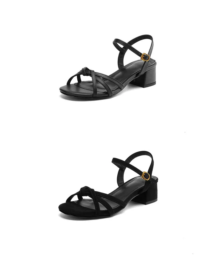 Spring/Summer Round Toe Chunky Heel High-Heeled Sandals with Buckle Black Fashion Women's Shoes