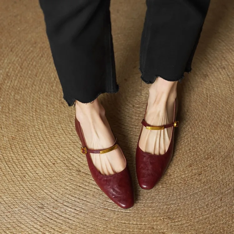 Spring and Autumn Low-Heeled Single Shoes, Square Toe, Buckle, Comfortable Sheepskin Women's Shoes, Wine Red, Black, Brown