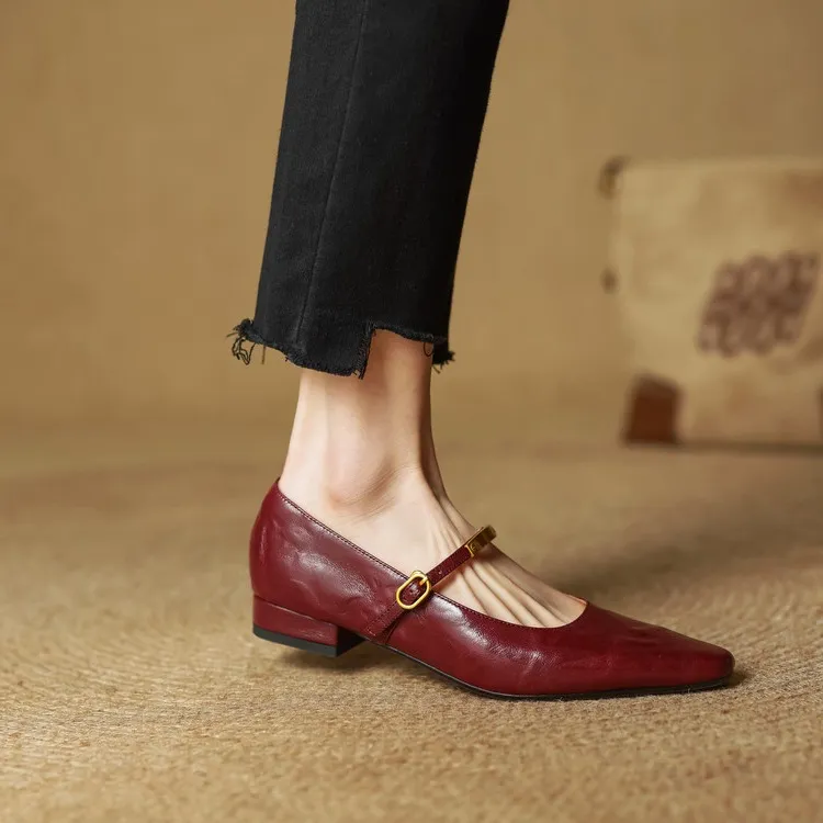 Spring and Autumn Low-Heeled Single Shoes, Square Toe, Buckle, Comfortable Sheepskin Women's Shoes, Wine Red, Black, Brown
