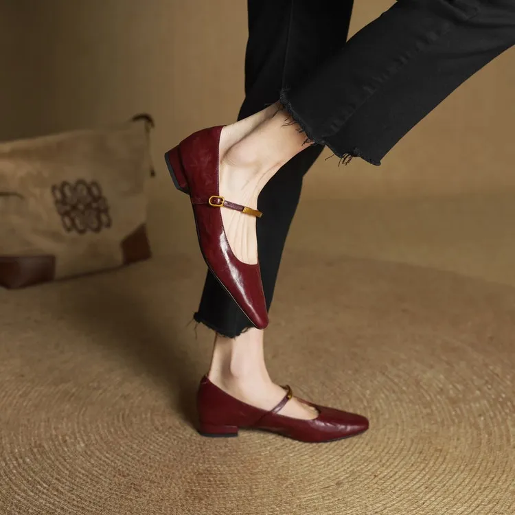 Spring and Autumn Low-Heeled Single Shoes, Square Toe, Buckle, Comfortable Sheepskin Women's Shoes, Wine Red, Black, Brown