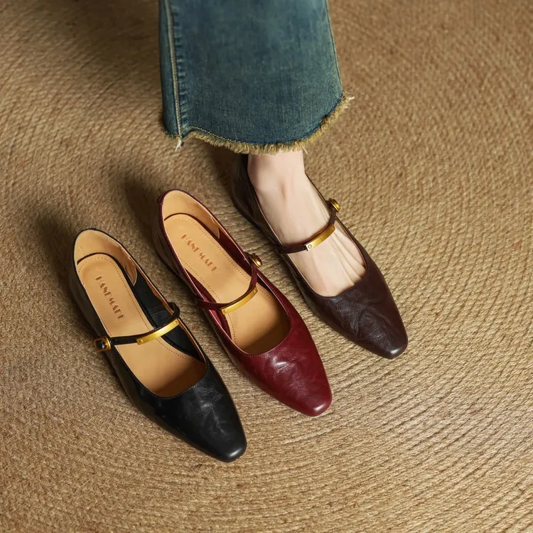 Spring and Autumn Low-Heeled Single Shoes, Square Toe, Buckle, Comfortable Sheepskin Women's Shoes, Wine Red, Black, Brown