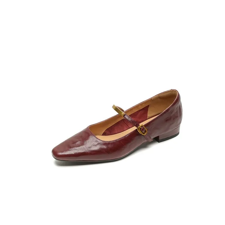 Spring and Autumn Low-Heeled Single Shoes, Square Toe, Buckle, Comfortable Sheepskin Women's Shoes, Wine Red, Black, Brown