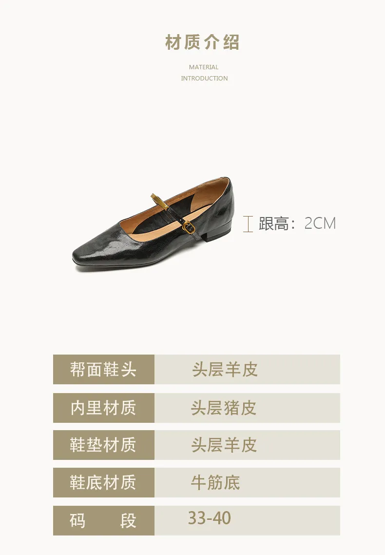 Spring and Autumn Low-Heeled Single Shoes, Square Toe, Buckle, Comfortable Sheepskin Women's Shoes, Wine Red, Black, Brown