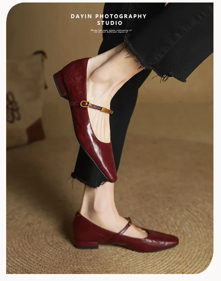 Spring and Autumn Low-Heeled Single Shoes, Square Toe, Buckle, Comfortable Sheepskin Women's Shoes, Wine Red, Black, Brown