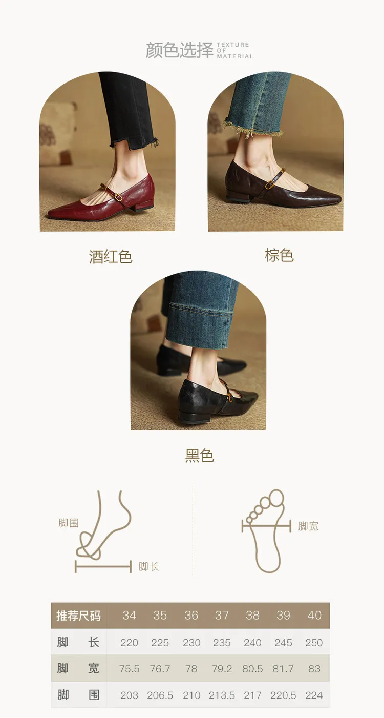 Spring and Autumn Low-Heeled Single Shoes, Square Toe, Buckle, Comfortable Sheepskin Women's Shoes, Wine Red, Black, Brown